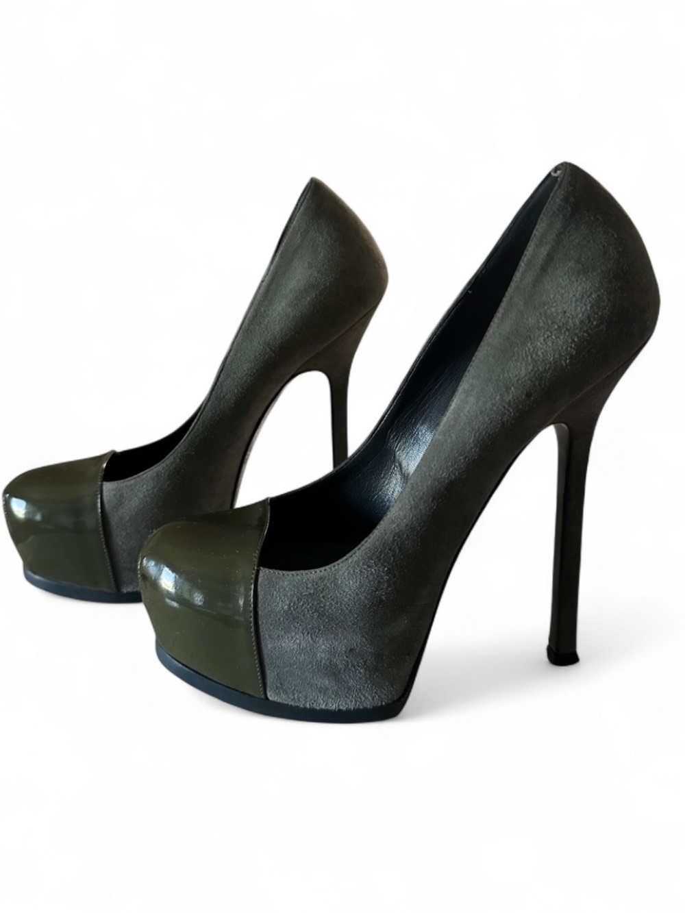 YSL Olive Suede Platform Pumps with Patent Toe - Picture 7 of 10